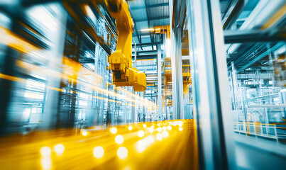 Dynamic motion blur image of a yellow robotic arm in a modern factory.  Shows futuristic industrial automation technology.