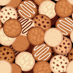 Seamless background with cookies (biscuits) with glaze and chocolate chips. Vector seamless print