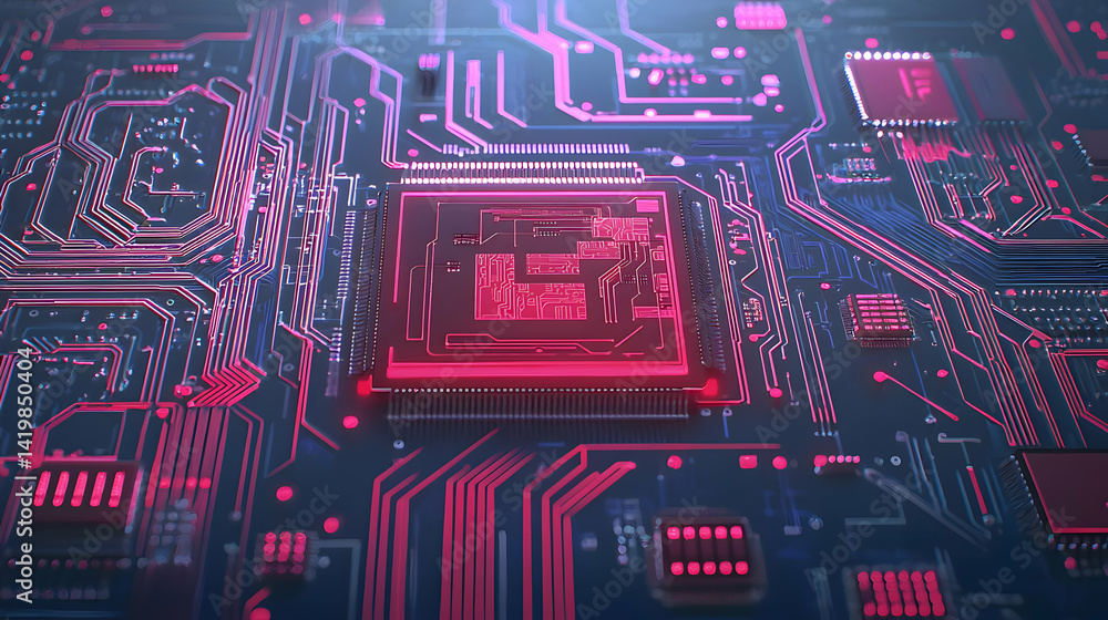 Poster close up view of a circuit board with glowing components