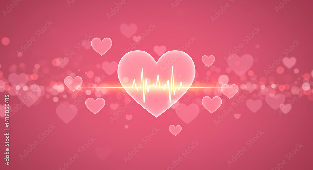 Poster heart shape with heartbeat line on a pink background with many smaller heart shapes floating around 