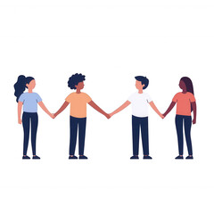 Fototapeta premium Illustration of four diverse individuals holding hands in solidarity, showing unity and friendship. Bright colors bring a cheerful vibe to this digital artwork.