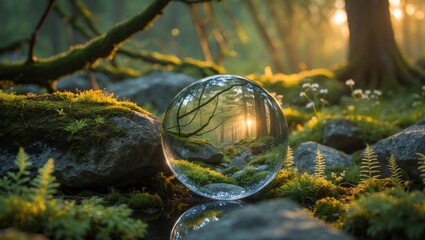 Capturing Forest Sunlight Through a Lensball with Mossy Rock Foreground