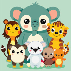 A collection of cute cartoon animal families, including koalas, giraffes, monkeys, penguins, elephants, and whales.