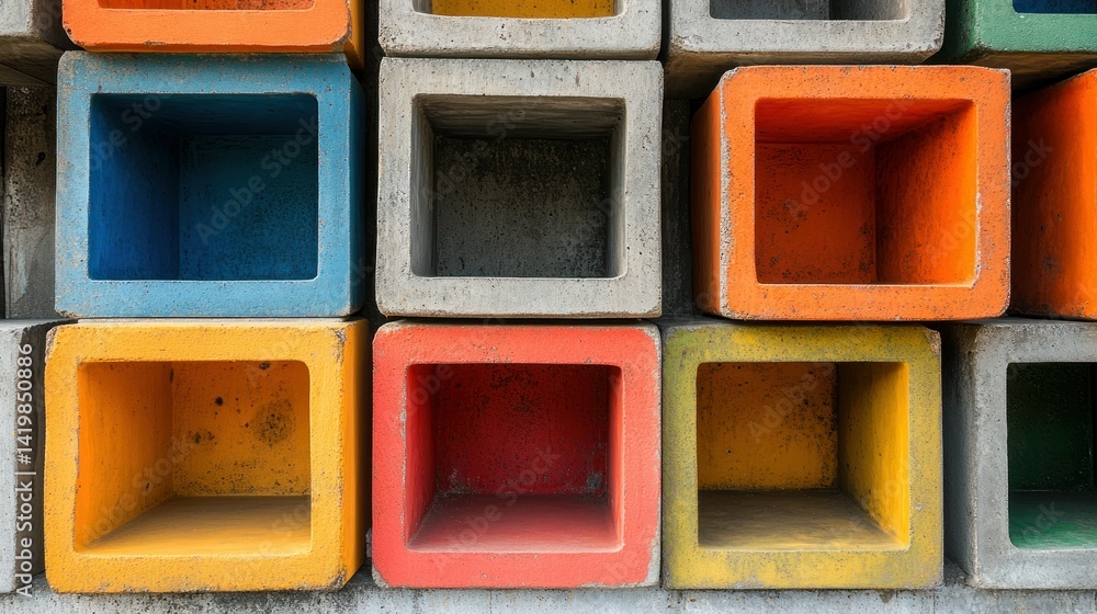 Poster colorful square concrete block wall with empty cubical spaces
