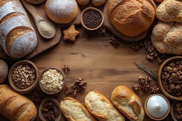 Delicious assortment of freshly baked bread and ingredients on a wooden table