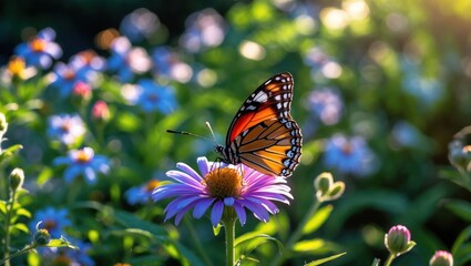 Fototapeta premium Butterfly Pollinating Purple Flower in a Summer Garden Sunlight