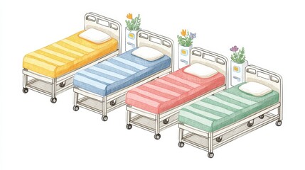 Four Colorful Striped Hospital Beds with Plants