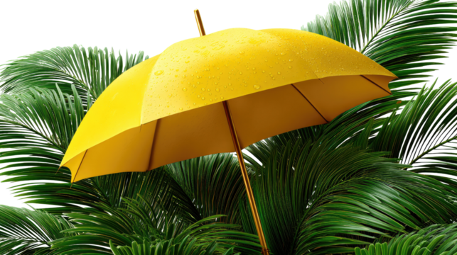 Sun Shield: A vivid yellow umbrella provides cheerful shade over lush, green palm fronds, creating a vibrant and inviting scene of summer serenity.