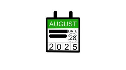 August 28 date 2025 animation . calendar animation on a black background. and stunning 4k animation.
