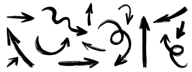 Line arrow hand drawn in ink brush acrylic simple style. Grunge rough direction shape for design. Vector illustration in black color. 