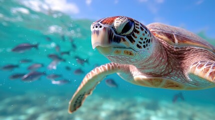 Fototapeta premium Sea turtle swimming in clear, shallow water, surrounded by fish