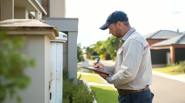 Worker Checking Home Gas Meter in Quiet Driveway