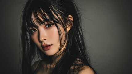 Fototapeta premium Close-up portrait of a young woman with dark hair and soft features