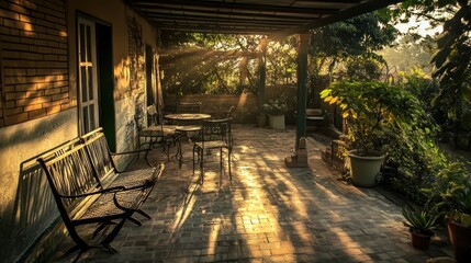 Morning sunlight illuminates a peaceful outdoor patio with furniture