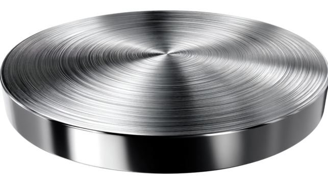 Polished Stainless Steel Disc: A close-up view of a sleek and shiny stainless steel disc, reflecting light and showcasing the smooth, polished surface.