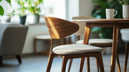 A close-up of a stylish wooden dining chair with a soft cushion, placed around a modern dining table in a minimalist dining room
