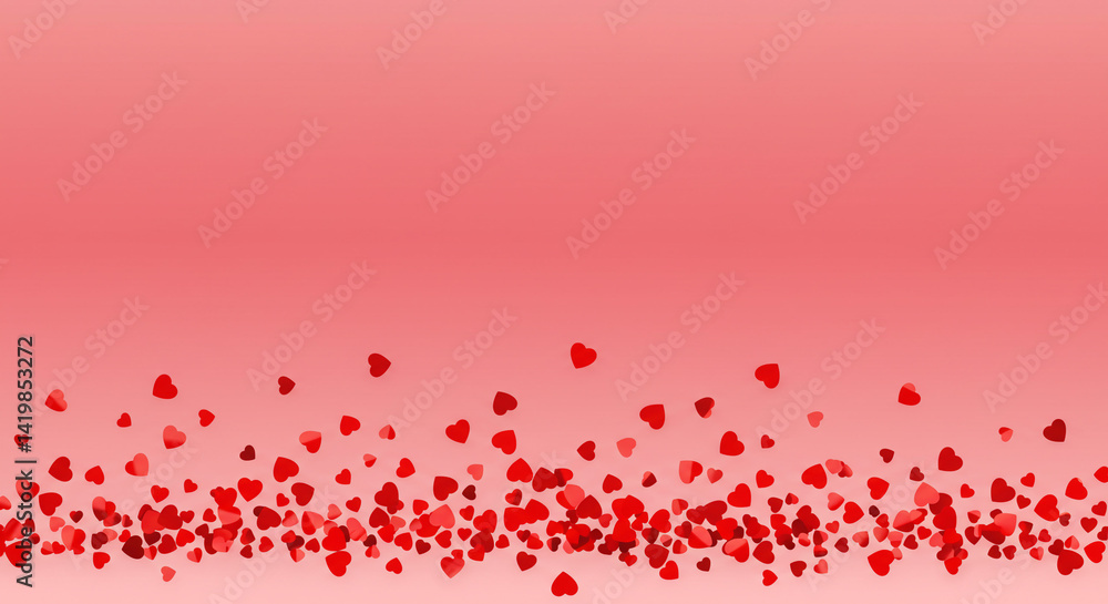 Poster a light pink background with a scattering of small red hearts across the bottom portion of the image