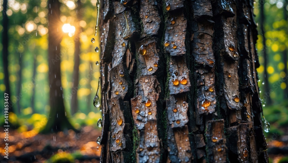 Poster tree bark close-up with resin drops in forest setting at sunset