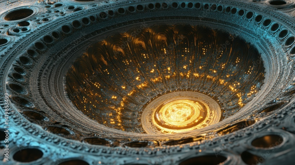 Poster an intricate glowing architectural structure with a central aperture is displayed