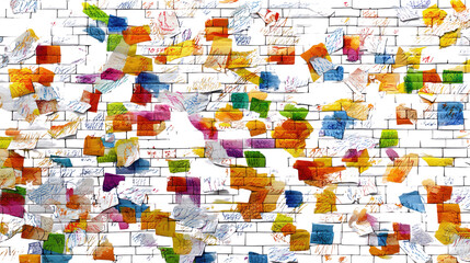 Colorful Post-it Notes on Brick Wall: A vibrant array of colorful Post-it notes, filled with handwritten messages and ideas, adorns a brick wall, capturing the essence of brainstorming, collaboration.