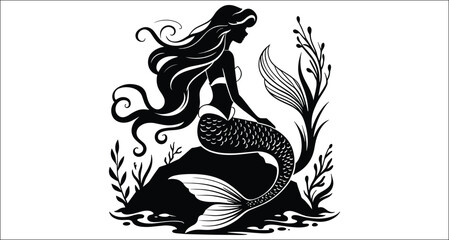 Silhouette Of A Mermaid With Long Hair Sitting On A Rock