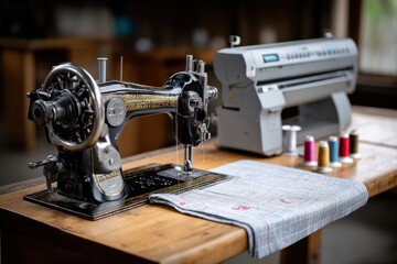 Fototapeta premium This image captures the juxtaposition of a vintage and a modern sewing machine, reflecting the evolution of garment creation and artisanal craftsmanship over time.