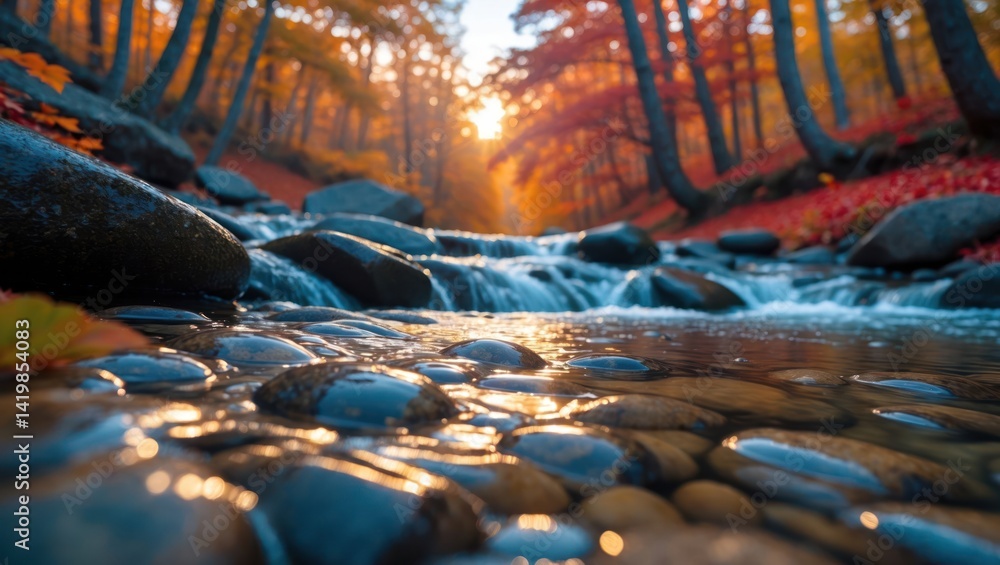 Poster flowing stream in autumn forest with colorful trees and sunlight