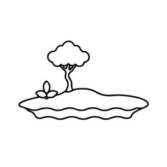 Minimalist outline illustration of island with tree and flower on calm sea waters for design projects