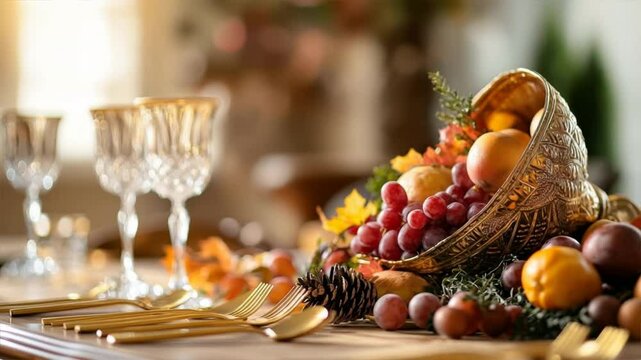 A beautifully arranged cornucopia of fruits on a wooden table, setting a warm and inviting atmosphere for dining.