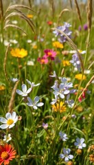 Delicate campanula blossoms amidst wildflowers and swaying grasses in a sun-drenched meadow, summer, campanula, macro