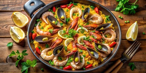 Aromatic Seafood Paella in a Rustic Pan, Garnished with Fresh Herbs and Lemon Wedges, Ready to Serve