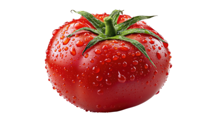 Vibrant Tomato: A close-up shot of a ripe, red tomato adorned with glistening water droplets, embodying freshness and natural goodness.