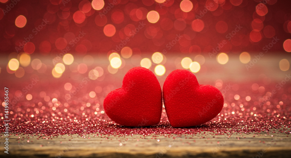Poster two red heart shaped objects on a glittery surface with a blurred background of bokeh lights