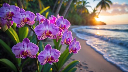 Blooming Orchids Frame Tropical Beach Sunset View with Gentle Waves