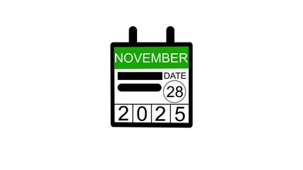 November 28 date 2025 animation . calendar animation on a black background. and stunning 4k animation.
