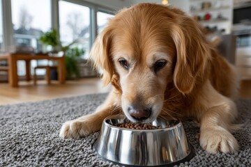 Fototapeta na wymiar A golden retriever delights in a nutritious meal from a stainless steel bowl, exemplifying the bond between pets and their owners in a lively home environment.