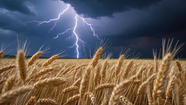 Lightning Strikes Over Wheat Field During Stormy Weather Season