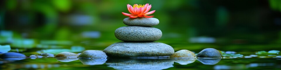 Fototapeta premium zen balance stones nature harmony flower droplets green calm tranquility reflection peaceful structure stillness