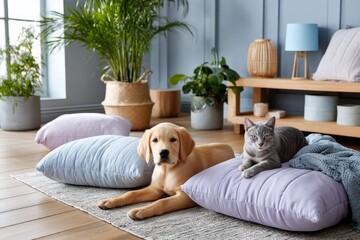 Fototapeta na wymiar A playful puppy and a relaxed cat nest comfortably on soft pillows, showcasing a serene moment in a beautifully designed living room full of plants and natural light.