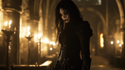 A cyber-goth dressed in black leather, standing in the candlelit corridors of a Gothic castle.