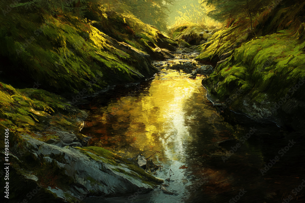Poster golden sunlight reflects on a calm stream flowing through a mossy forest, creating a serene and peac