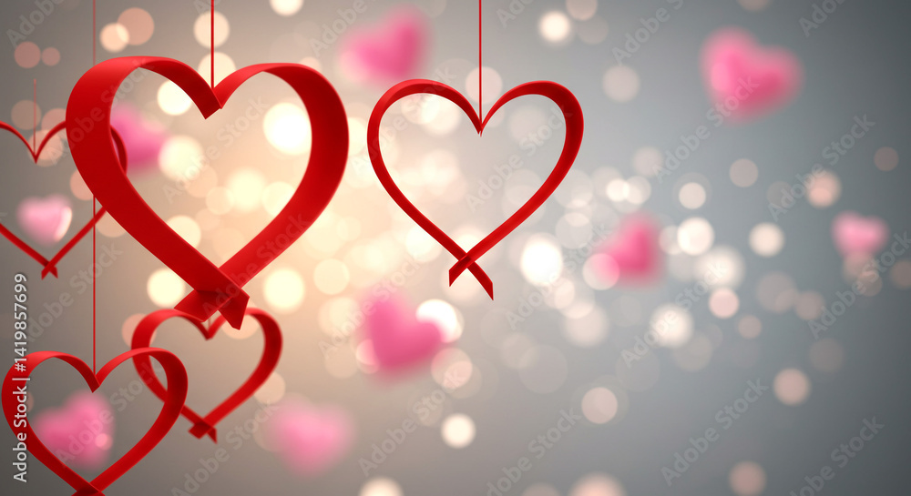 Poster red ribbon hearts hanging against a bokeh background with pink hearts floating around softly in the 