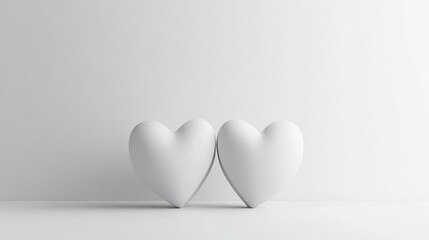 Two white ceramic hearts standing side by side on a minimalist white background, symbolizing love and unity, and clean and simple composition.