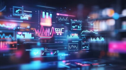 A computer screen displays a variety of graphs and numbers, including a shopping cart icon. Concept of information overload and the complexity of modern technology - Powered by Adobe