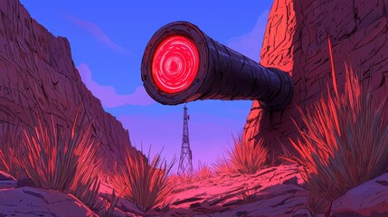 Mysterious Red Glowing Telescope in Pixel Art Desert Landscape