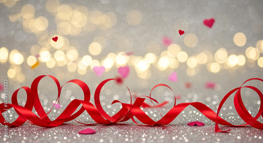 Poster red ribbon heart shapes on a glittery surface with bokeh lights and floating heart confetti above it