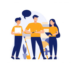 Three young professionals collaborating in a modern workspace