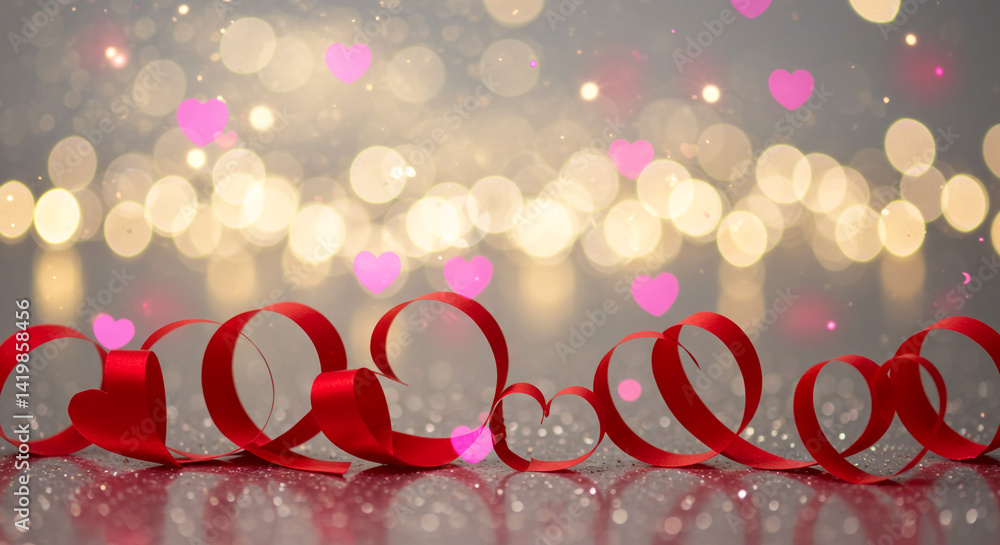 Poster red ribbon hearts on a reflective surface with bokeh lights and floating pink hearts background