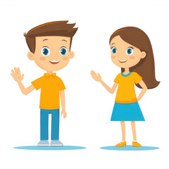 Two cheerful cartoon characters, a boy and a girl, waving hello. They are dressed in bright colors, radiating positivity and friendliness, perfect for children's content.