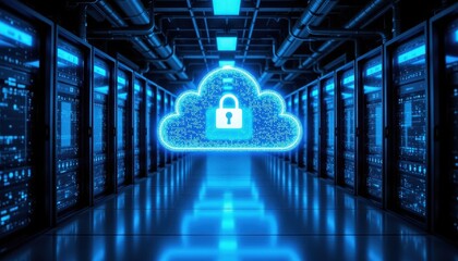 Futuristic server room bathed in blue neon lighting, featuring a glowing cloud shaped firewall hologram floating in the center